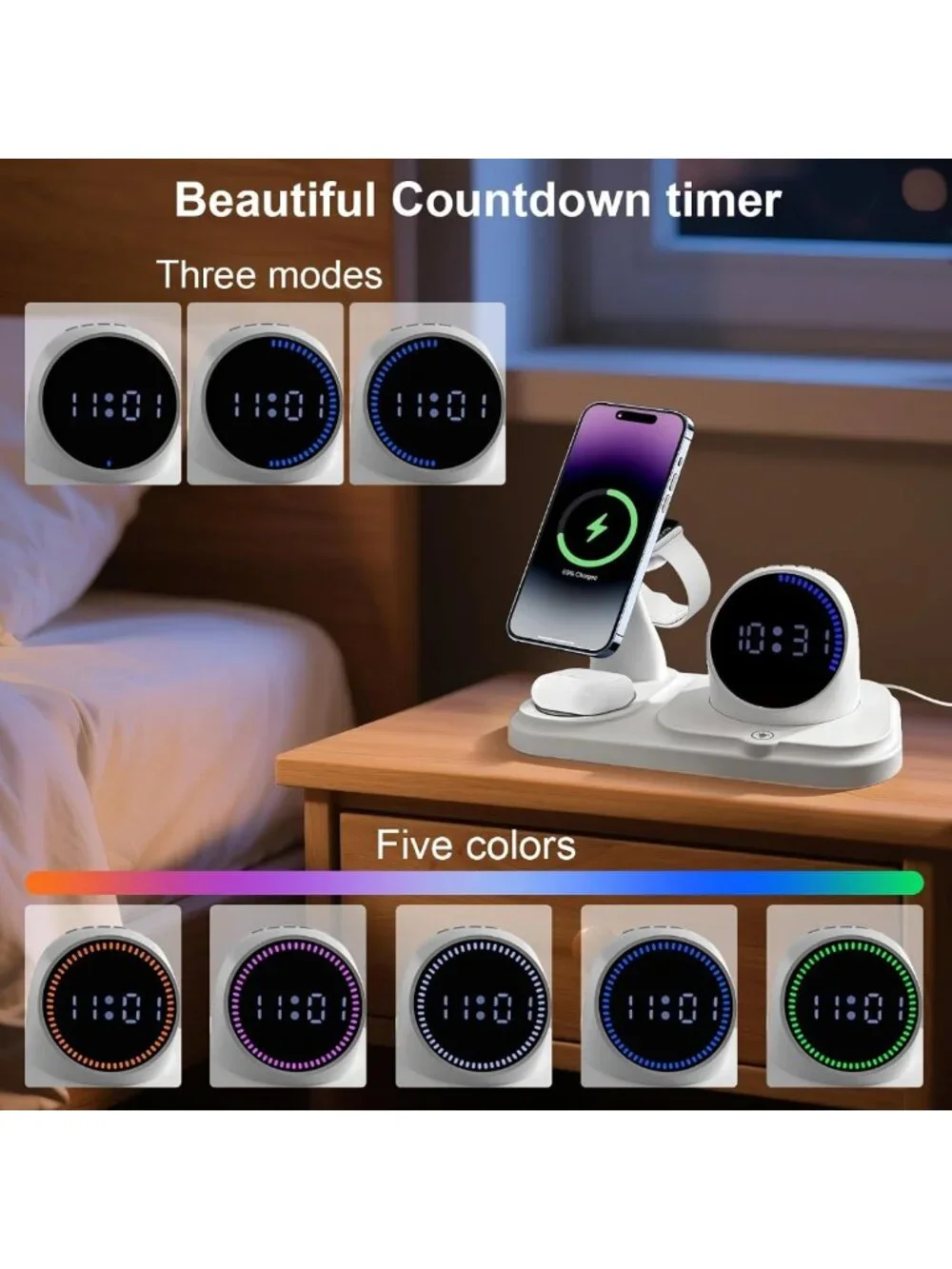 6-in-1 Wireless Charging Station with Bluetooth Speaker, Clock & Ambient Lights